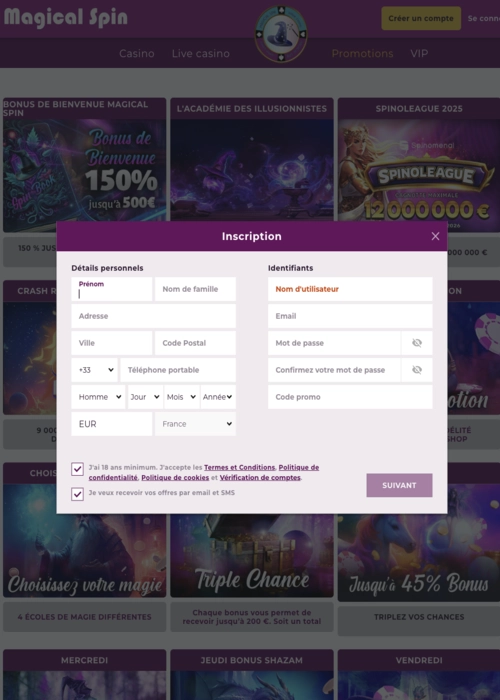 Formulaire inscription joueur simple Magical Spin